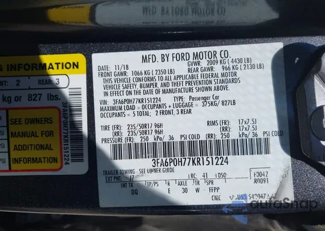 2019 Ford Fusion Se из США, поврежденный, VIN 3FA6P0H77KR151224